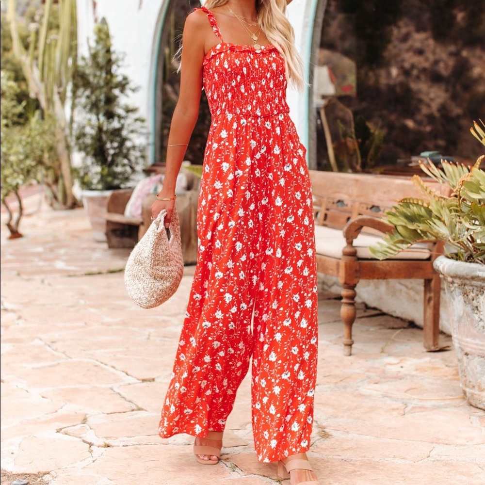 NWT ✨ Vici Red Floral Jumpsuit with Tie Back